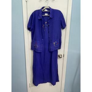 Vintage Donna Linen Dress Shirt Set Small Blue Embroidered Cottage Core Boho